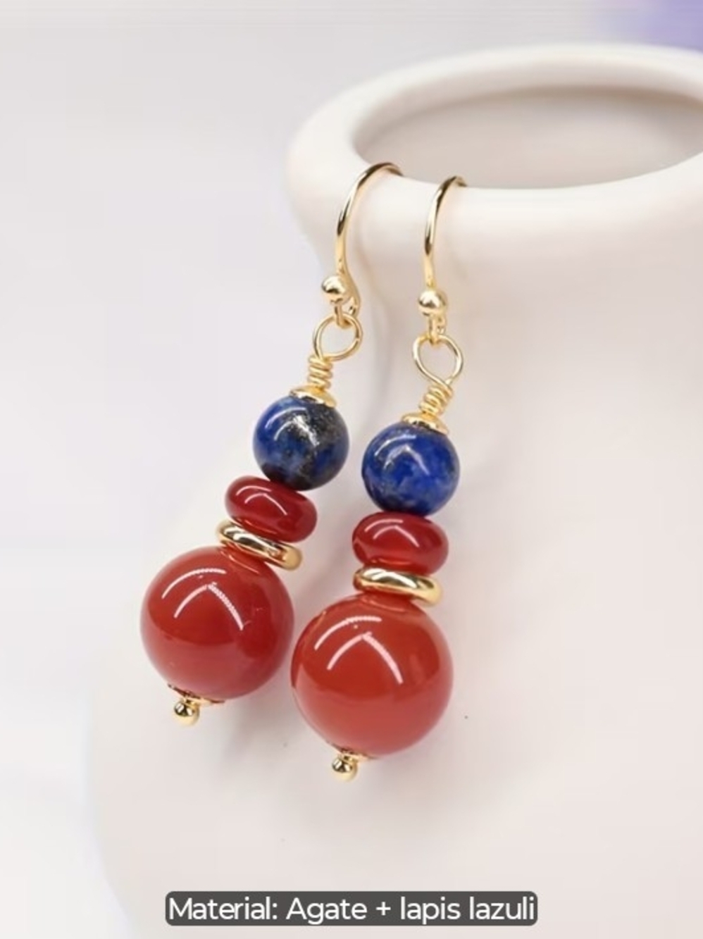 Handmade Gold Agate and Lapis Lazuli Drop Earrings - Red and Blue